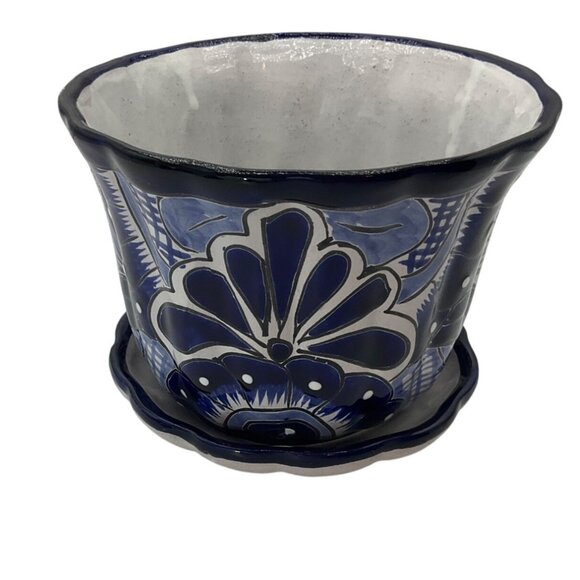 New Handcrafted HandPainted Talavera Pottery Planter Saucer Blue White - Picture 4 of 15